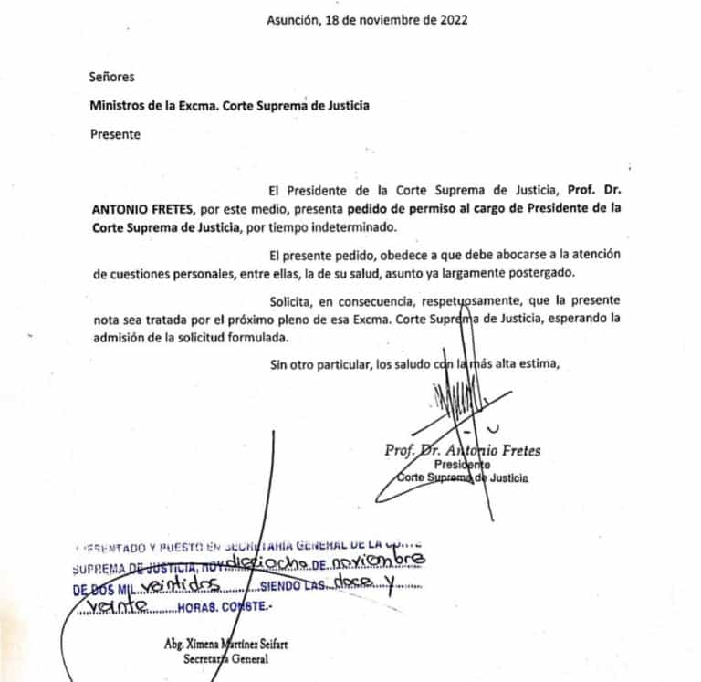 Aceptan pedido de permiso de Antonio Fretes y Martínez Simón asume la presidencia de la Corte