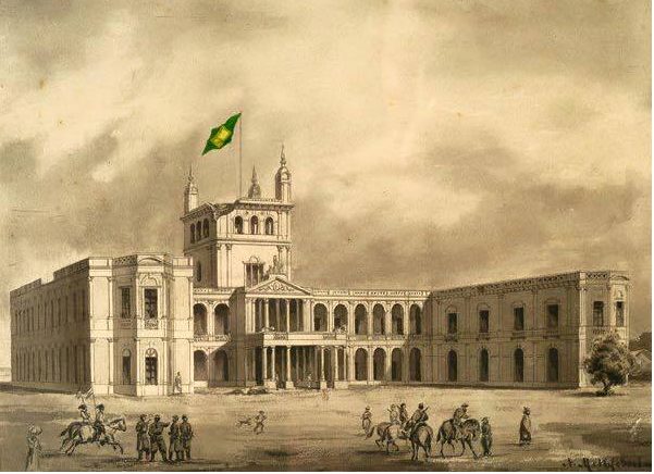 El Palacio de López con la bandera brasileña flameando en su torre durante la ocupación de Asunción entre 1869 y 1876.