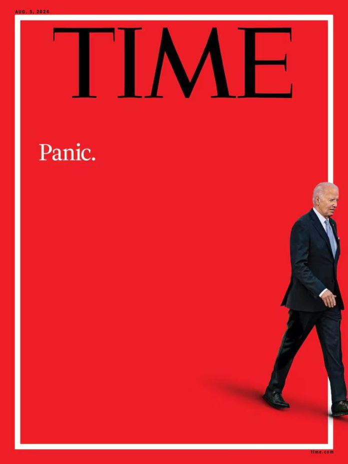 Portada de la Revista Time, con tltítulo Panic. y la foto del Presidente de EE.UU. Joe Biden, saliendo de la portada.