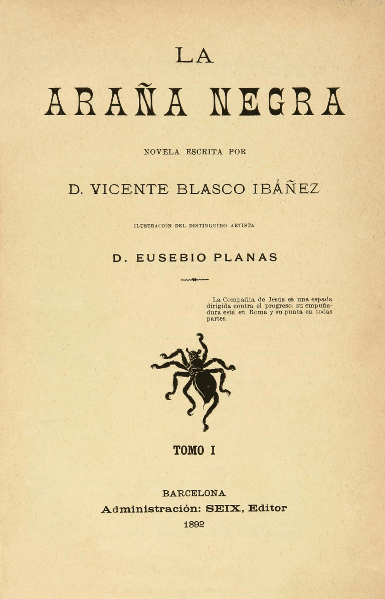 Portada original de La Araña Negra de Vicente Blasco Ibáñez (1892)
